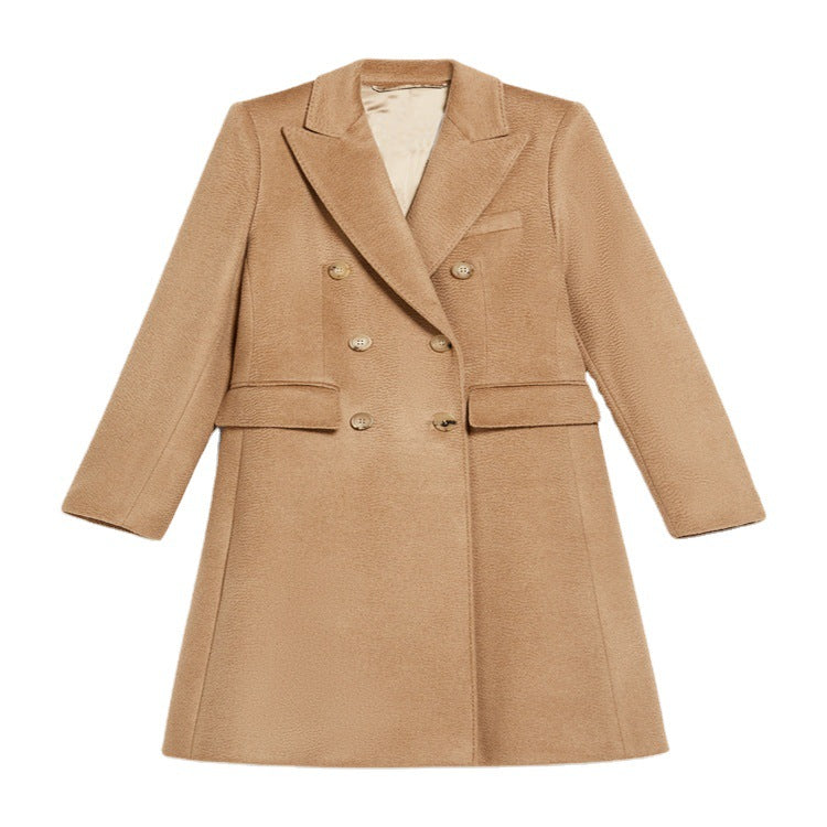 Women Mid-length Tailored Wool Blend Coat with Slim Shoulder Line and Flap Pockets Chichicherry