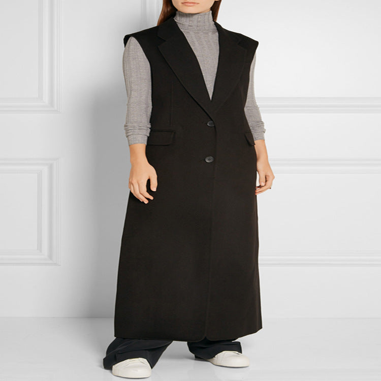 Women's Maxi-Length Sleeveless Tailoring Vest in Wool Blend with Flap Pockets Chichicherry