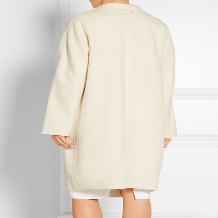 Women's Simple Oversized Long Coat made of Wool-Cashmere Mix with Subtle Lapel and Single-Button Front Chichicherry