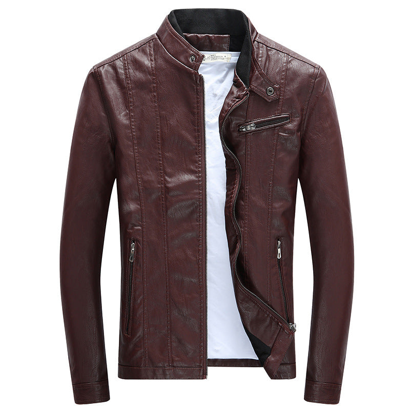 Men's Modern Slim-Fit Leather Look Blouson with Stand-Up Collar and Chest Zip Pocket Chichicherry
