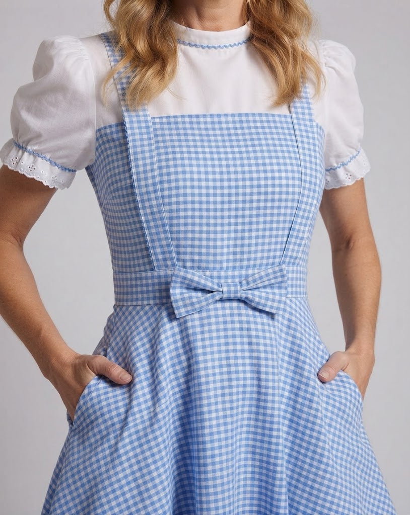 Women's nostalgic checkered dress with frill details and matching accessories Chichicherry