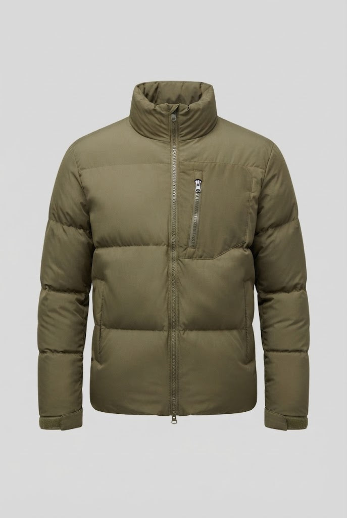 Men's Urban Short Puffer with High Stand Collar, Chest Zip and Windproof Shell Chichicherry