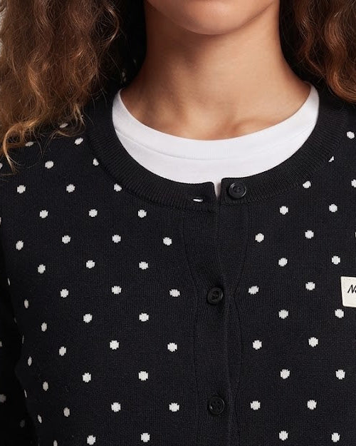 Women's Polka Dot Fine Knit Cardigan with Fine Dots and Round Neckline Chichicherry