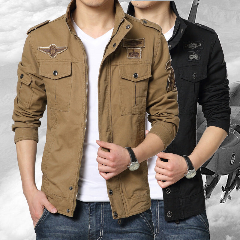Men's Military-Inspired Canvas Field Jacket with Multiple Pockets and Stand-up Collar Chichicherry