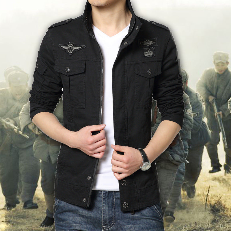 Men's Military-Inspired Canvas Field Jacket with Multiple Pockets and Stand-up Collar Chichicherry