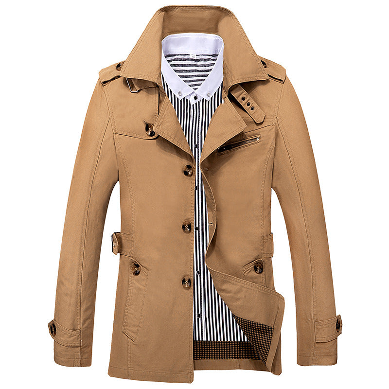 Men's Short Trench Coat with Stand-Up Collar, Shoulder Flaps and Waist Adjustment Chichicherry