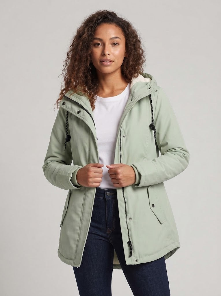 Women's Lined Hooded Parka with Teddy Lining, Drawstring and Flap Pockets