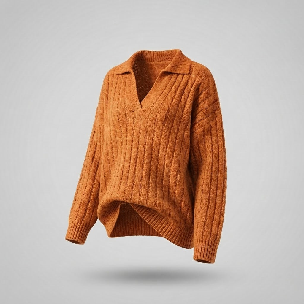 Women Oversize Ribbed Knit Sweater with V-Neck and Shirt Collar Chichicherry