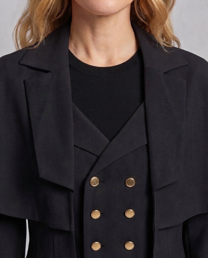 Women Dramatic Cape Coat with Button Placket and Puff Sleeves Chichicherry