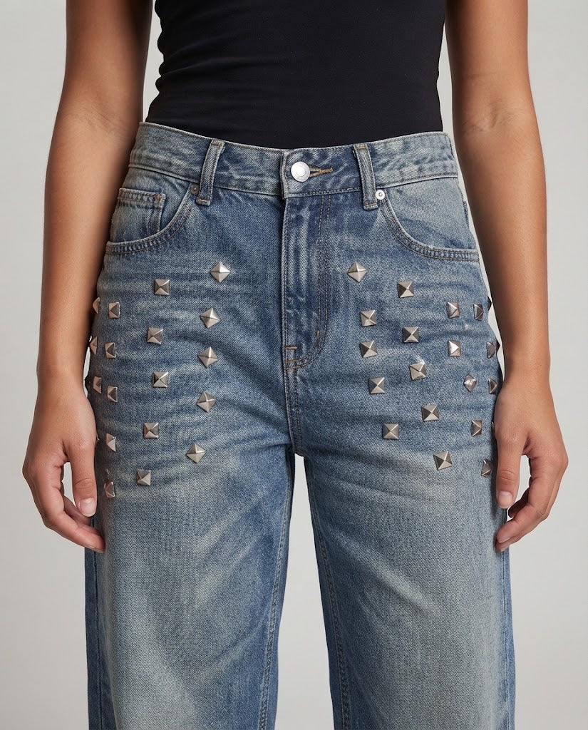 Women's wide baggy jeans with geometric studded detailing and vintage wash Chichicherry