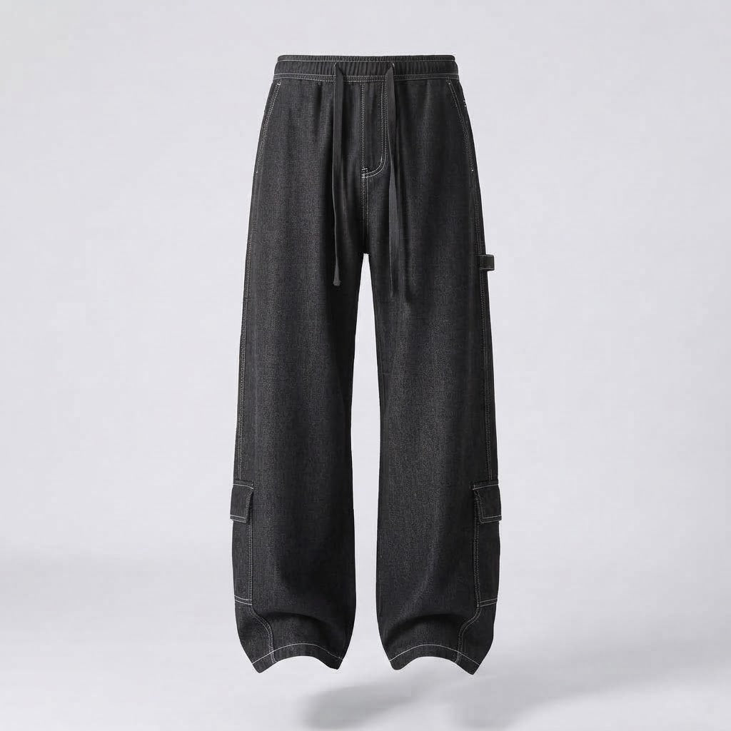 Men's Wide Baggy Cargo Pants with Drawstring, Contrast Stitching & Utility Pocket Chichicherry