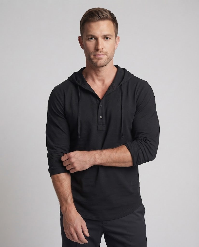 Men's Lightweight Hooded Henley Shirt with Half Placket and Drawstring Chichicherry
