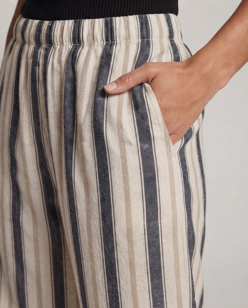 Women's Wide Linen Blend Pants with Elastic Waistband and Vertical Stripe Look Chichicherry