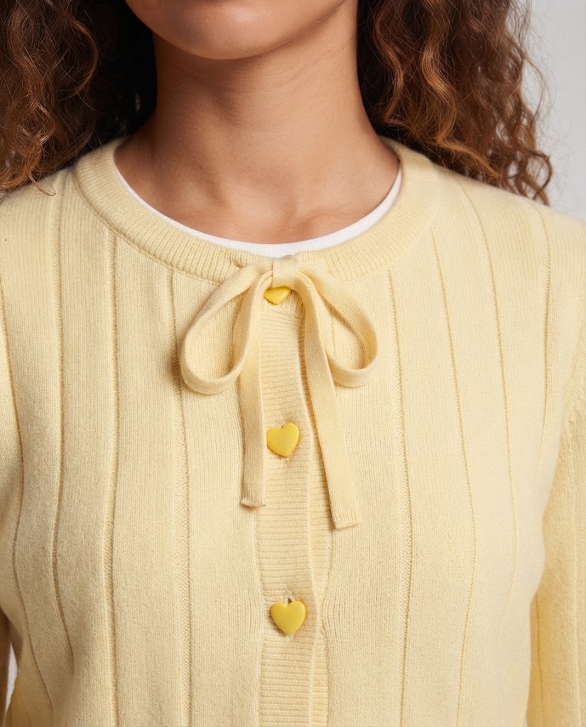 Women Ribbed Fine Knit Cardigan with Drawstring Closure and Button Placket Chichicherry