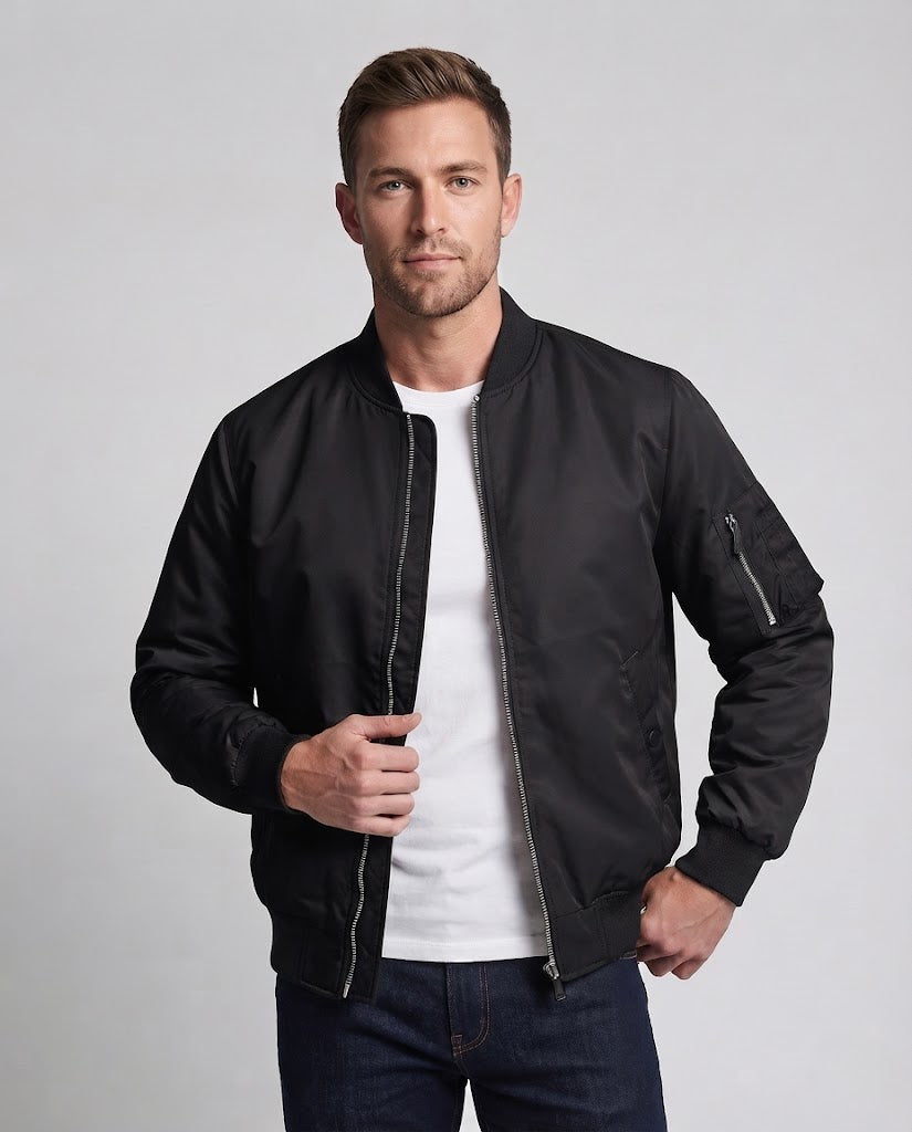 Men's lightweight nylon flight bomber with arm pocket, double zipper, and ribbed cuffs Chichicherry