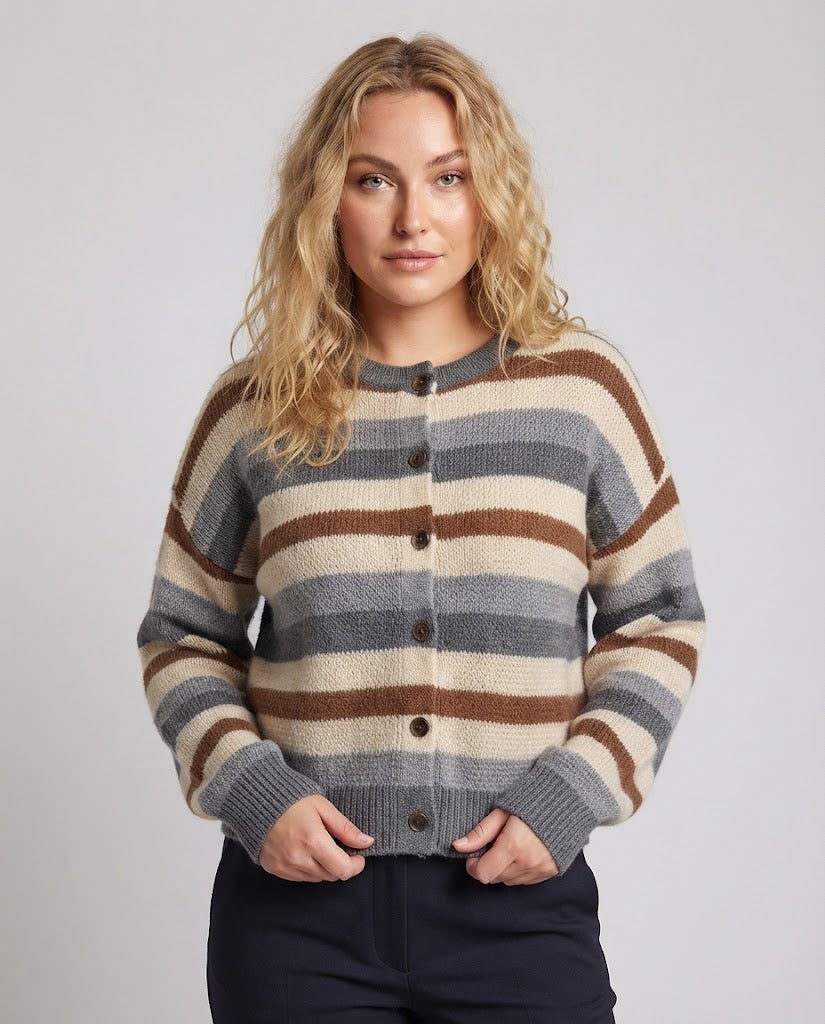 Women Short Cardigan in Retro Stripe Look with Ribbed Cuffs Chichicherry