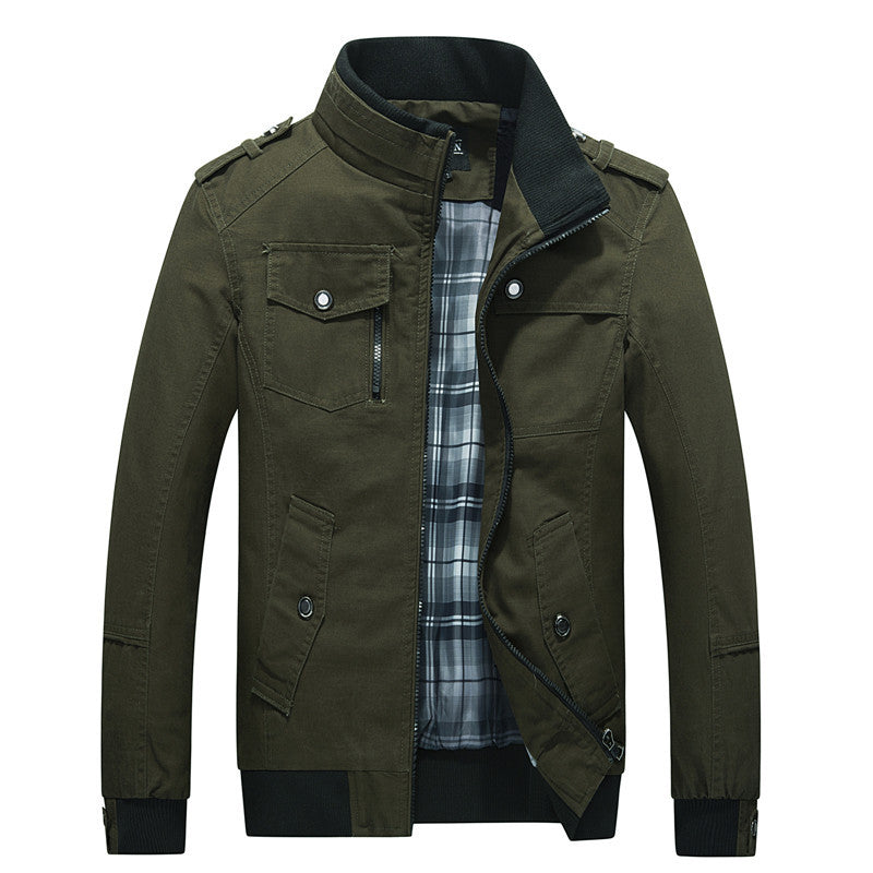 Men's Utility Canvas Blouson with Stand-up Collar, Epaulettes and Checkered Inner Lining Chichicherry