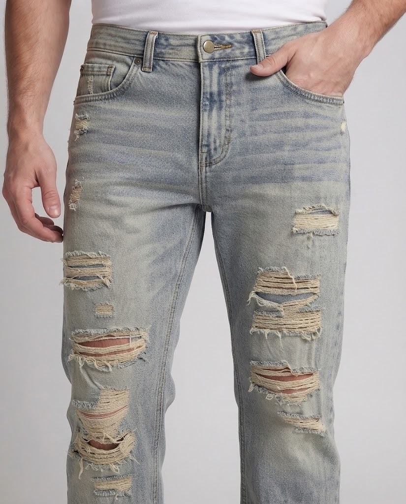 Men's Extra Wide Destroyed Denim Jeans in Baggy Straight Cut Chichicherry