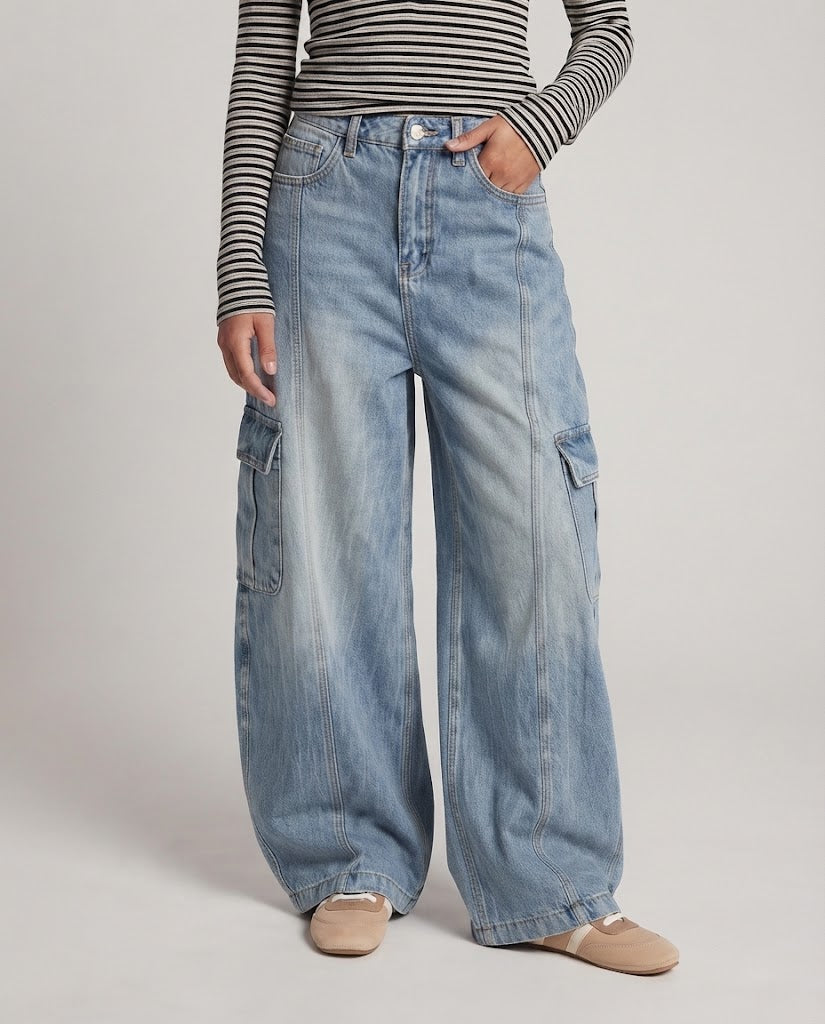 Women Extra Wide Palazzo Denim Pants with Balloon Silhouette and Large Cargo Flap Pockets Chichicherry