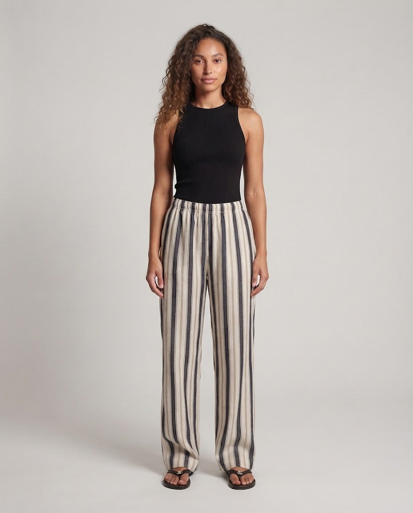 Women's Wide Linen Blend Pants with Elastic Waistband and Vertical Stripe Look Chichicherry