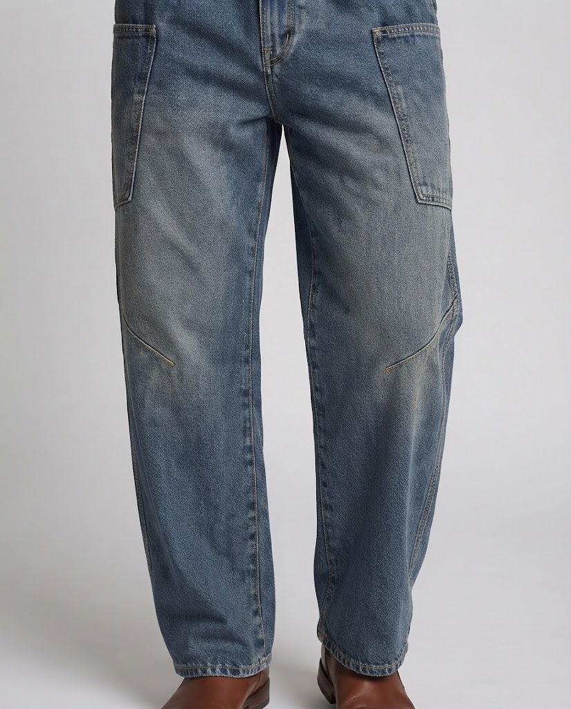 Men's Baggy Denim Cargo Pants with Drop Crotch and Oversized Patch Pockets Chichicherry
