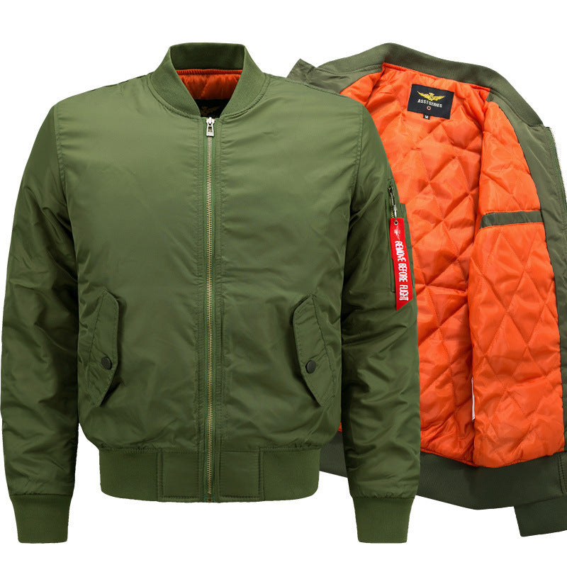 Men's pilot bomber jacket in aviator style with contrasting thermal lining, utility arm pocket, and elastic ribbed cuffs Chichicherry