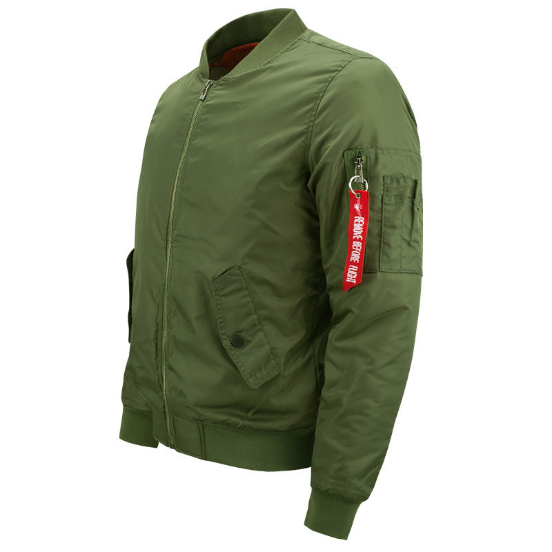Men's pilot bomber jacket in aviator style with contrasting thermal lining, utility arm pocket, and elastic ribbed cuffs Chichicherry