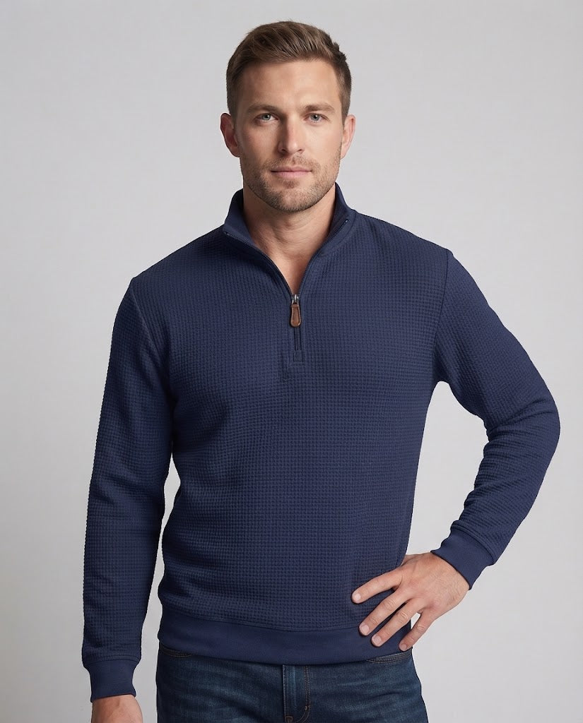 Men's waffle knit half-zip sweatshirt with stand-up collar and leather zipper pull Chichicherry