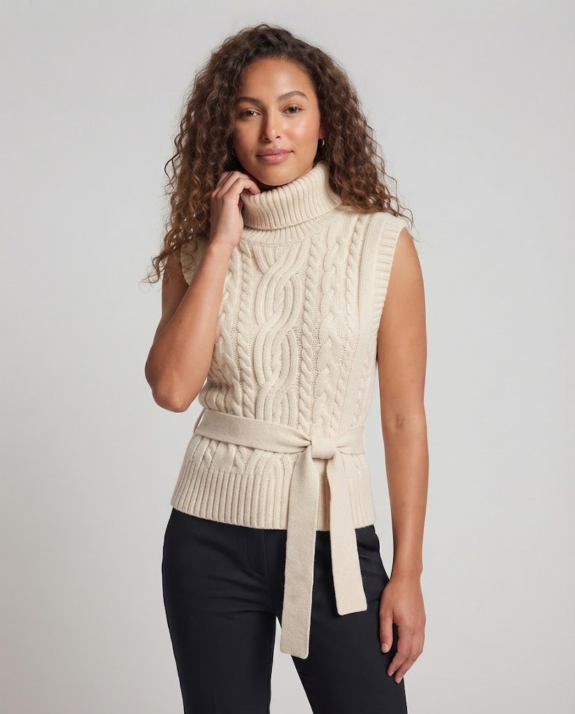 Women's Sleeveless Cable Knit Vest with Turtleneck and Tie Belt Chichicherry