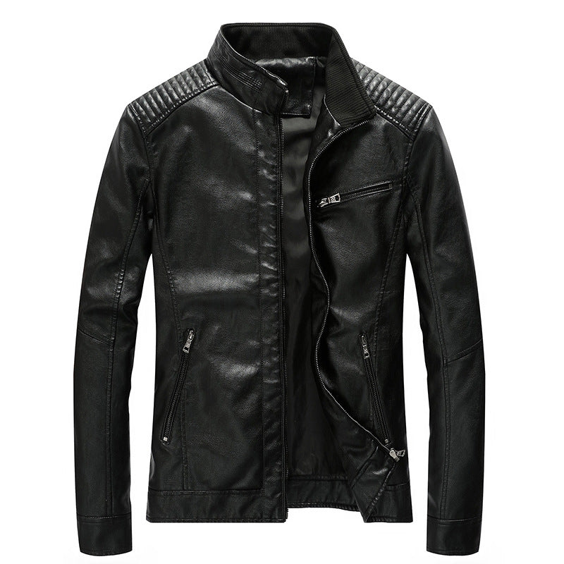 Men's Faux Leather Biker Jacket with Stand-up Collar and Shoulder Padding Chichicherry
