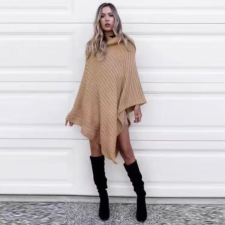 Damen Oversize-Strickponcho mit weitem Rollkragen und diagonaler Rippstruktur Drune