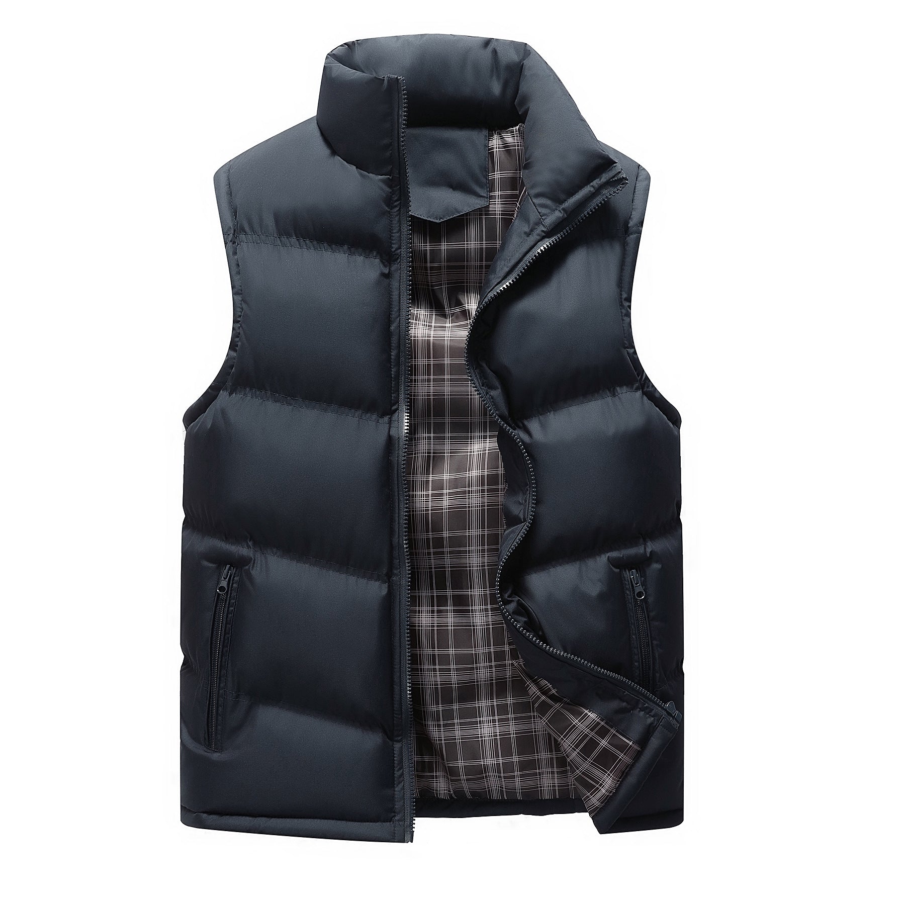 Men's Padded Quilted Vest with High Standing Collar, Zipper Pockets and Checked Lining Chichicherry