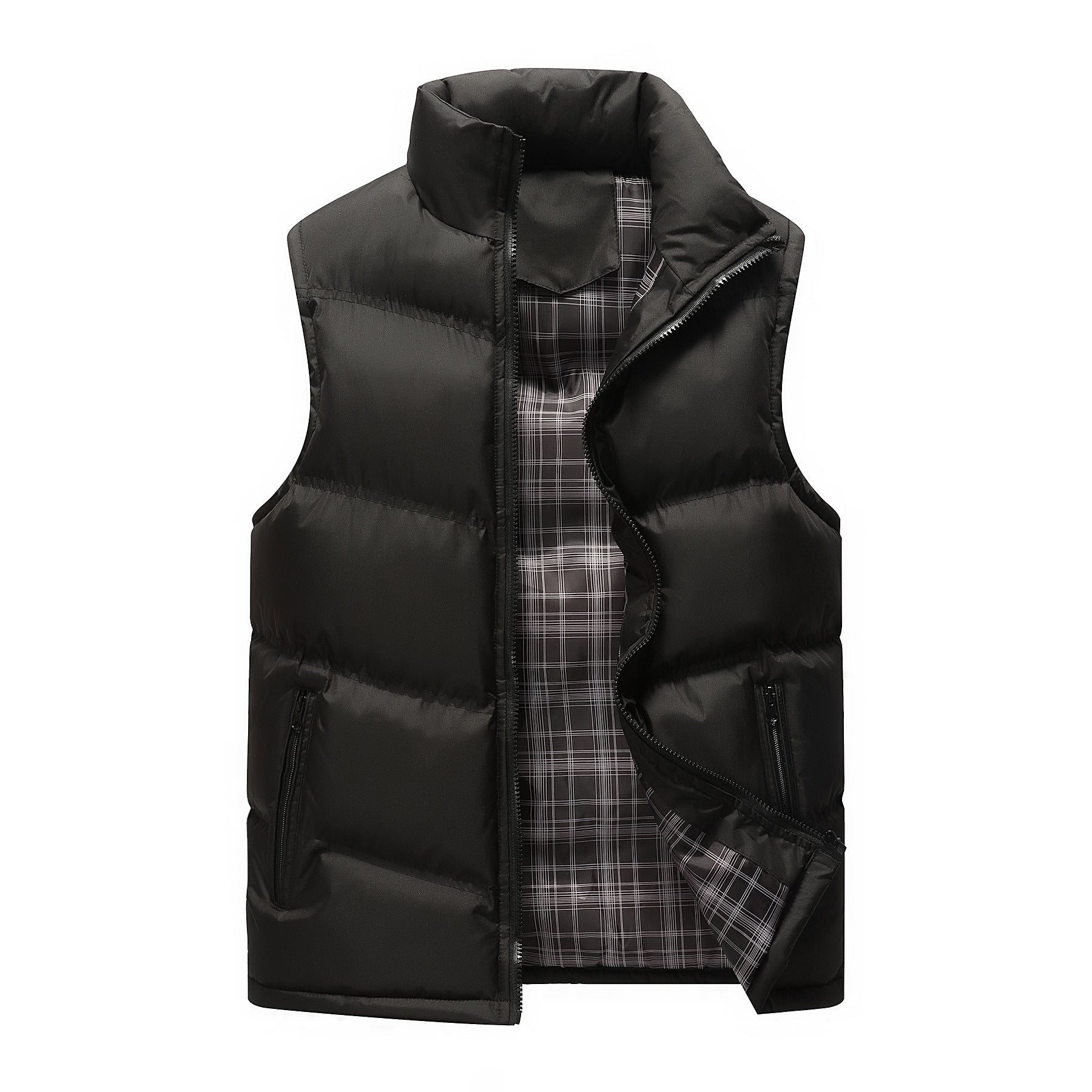 Men's Padded Quilted Vest with High Standing Collar, Zipper Pockets and Checked Lining Chichicherry