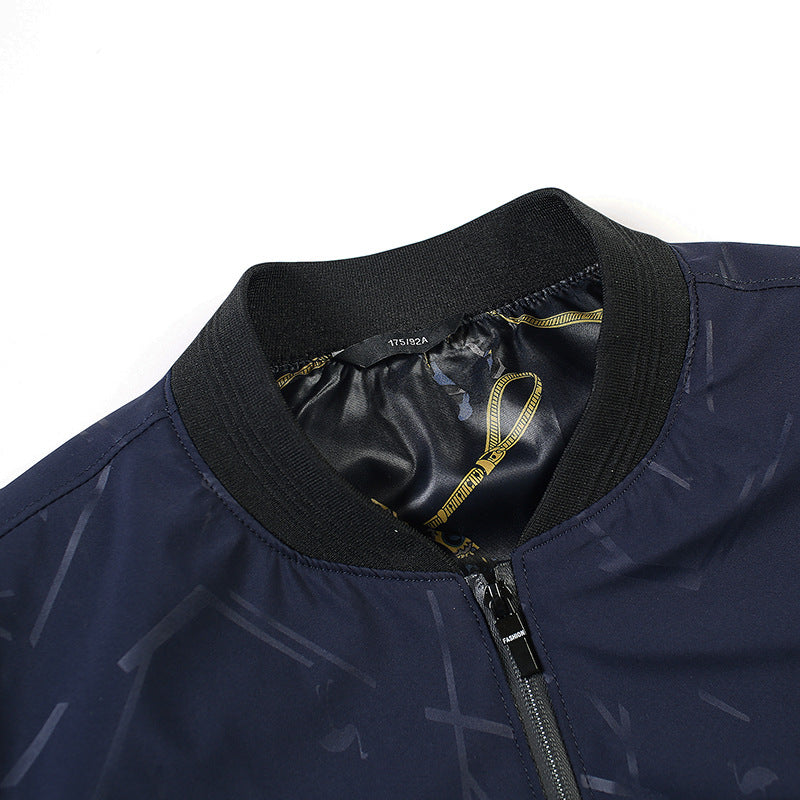 Men's Lightweight Bomber Jacket with Allover Stripe Pattern, Glossy Print Lining, and Zipper Pockets Chichicherry