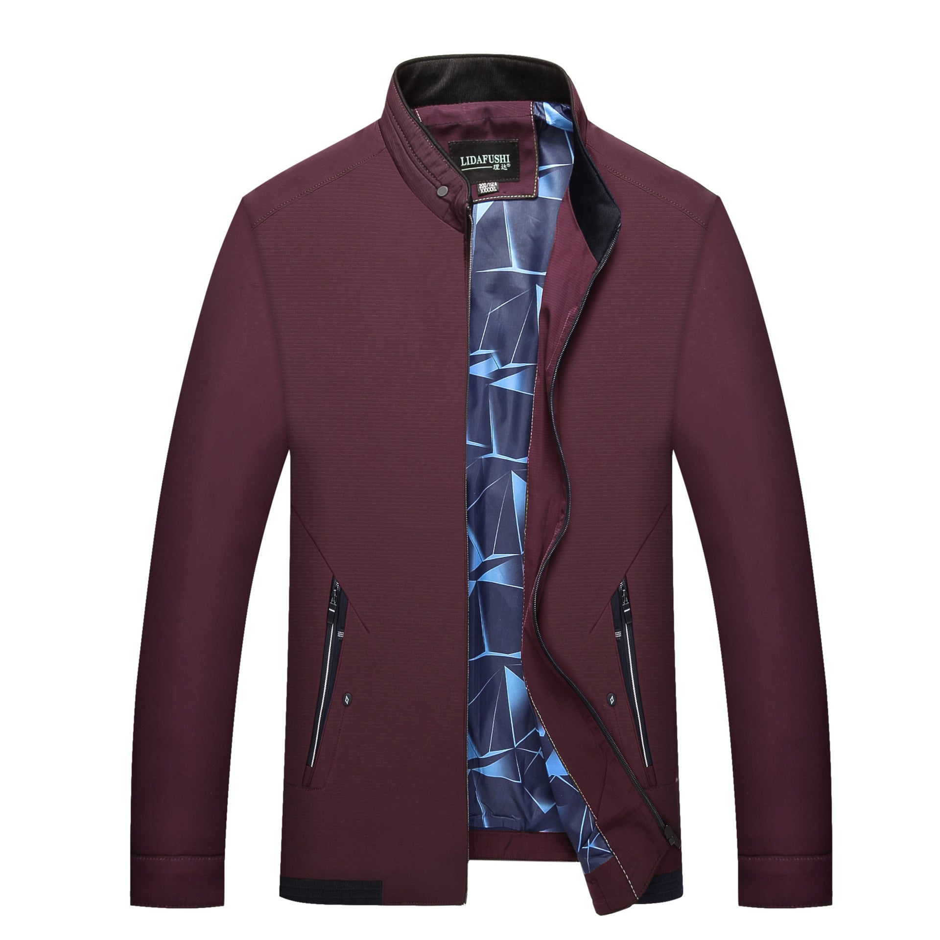 Men's Slim Stand Collar Transition Jacket with Zipper, Water-Repellent Outer Surface and Geometric Lining Chichicherry