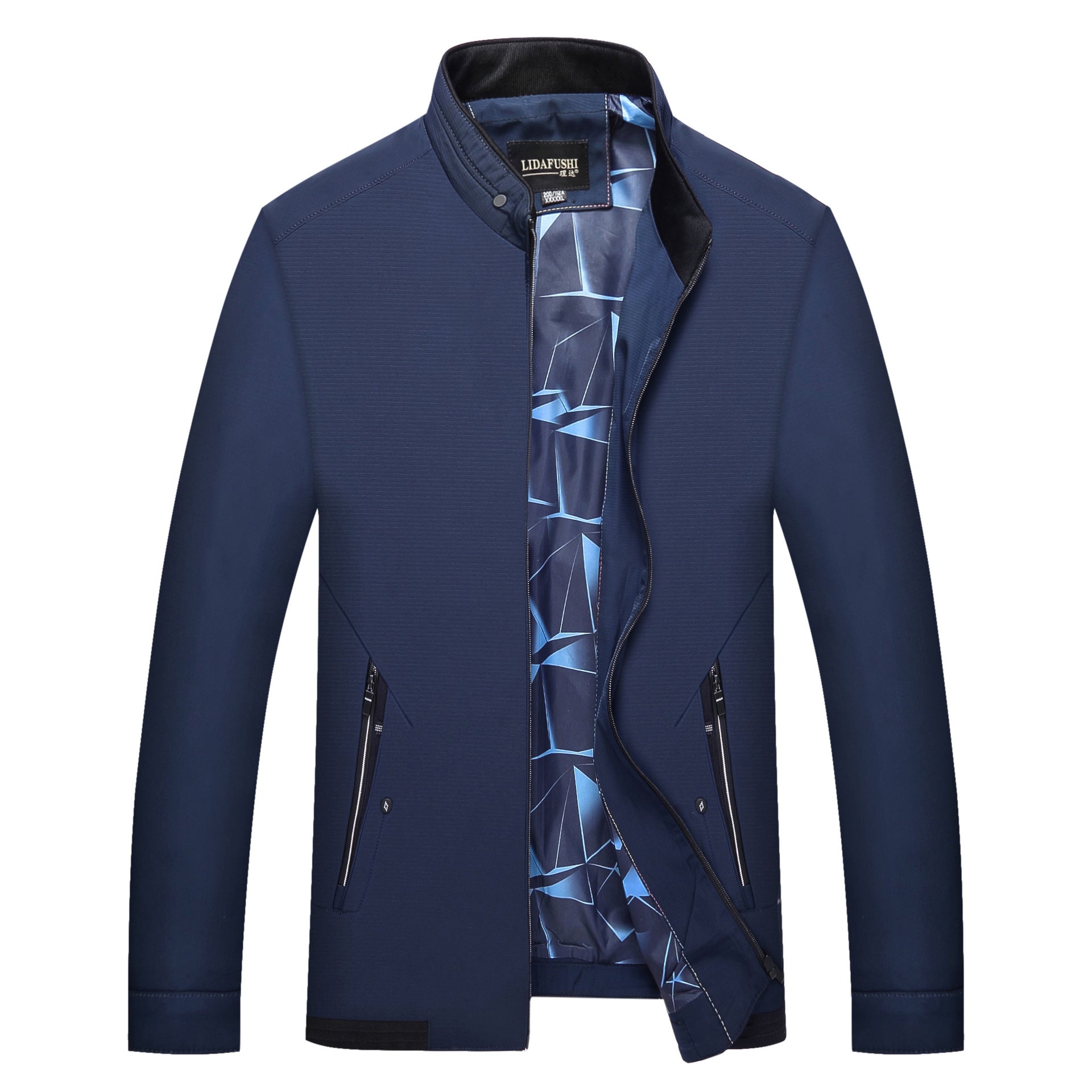 Men's Slim Stand Collar Transition Jacket with Zipper, Water-Repellent Outer Surface and Geometric Lining Chichicherry