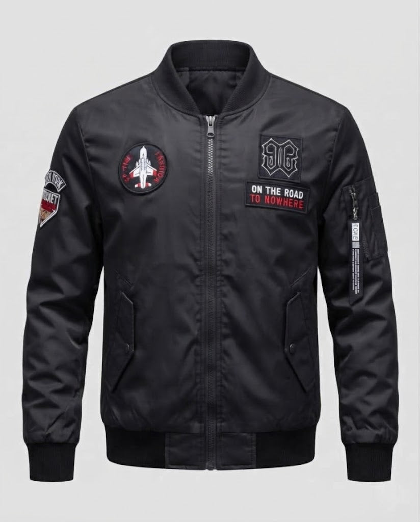 Men's Short Bomber Jacket with Patch Applications, Nylon Outer Material and Quilted Inner Lining Chichicherry