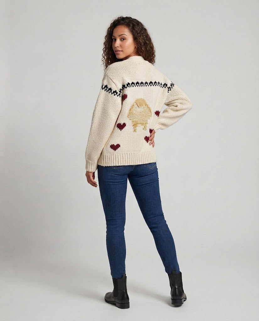Women's Oversize Chunky Knit Cardigan with Heart Intarsia and Shawl Collar Chichicherry