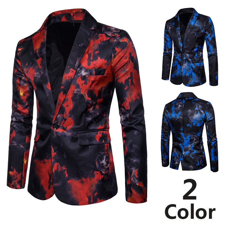Men's Fitted One-Button Jacket with Abstract Marble Print Chichicherry