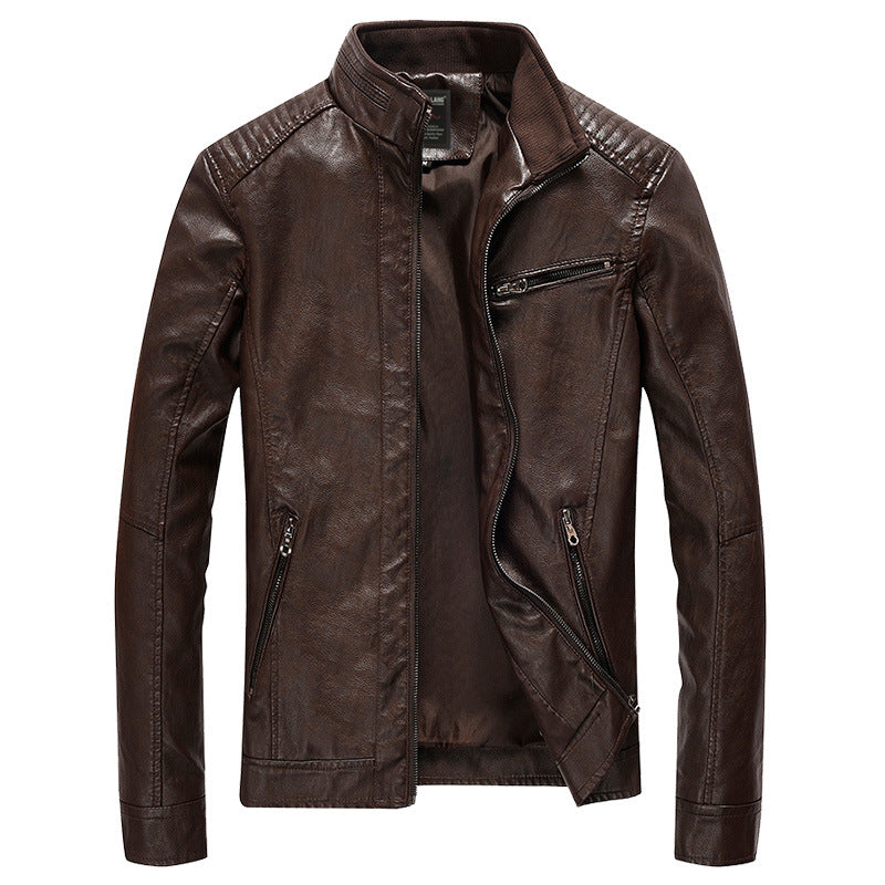 Men's Faux Leather Biker Jacket with Stand-up Collar and Shoulder Padding Chichicherry