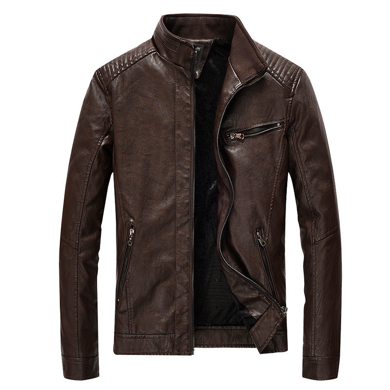 Men's Faux Leather Biker Jacket with Stand-up Collar and Shoulder Padding Chichicherry