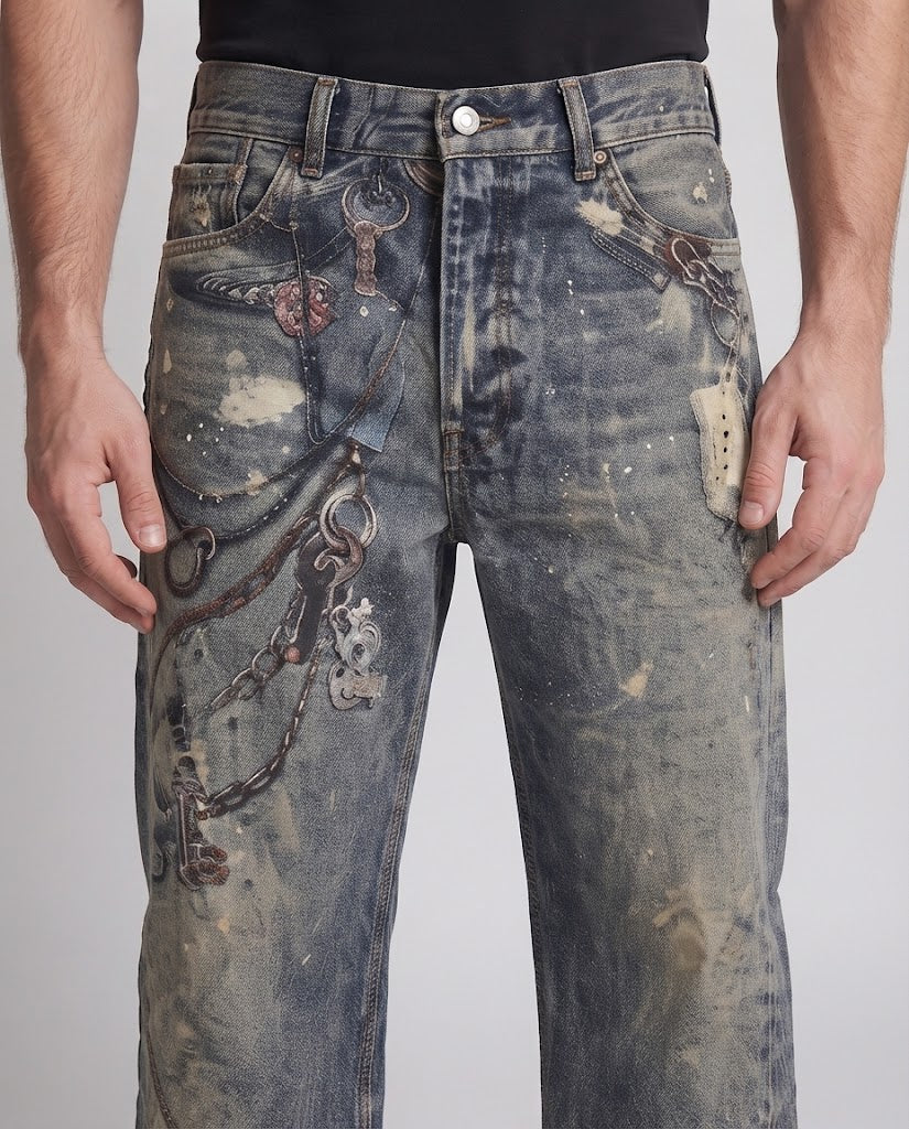 Men's extra-wide baggy jeans with color-splattered used look and chain print Chichicherry