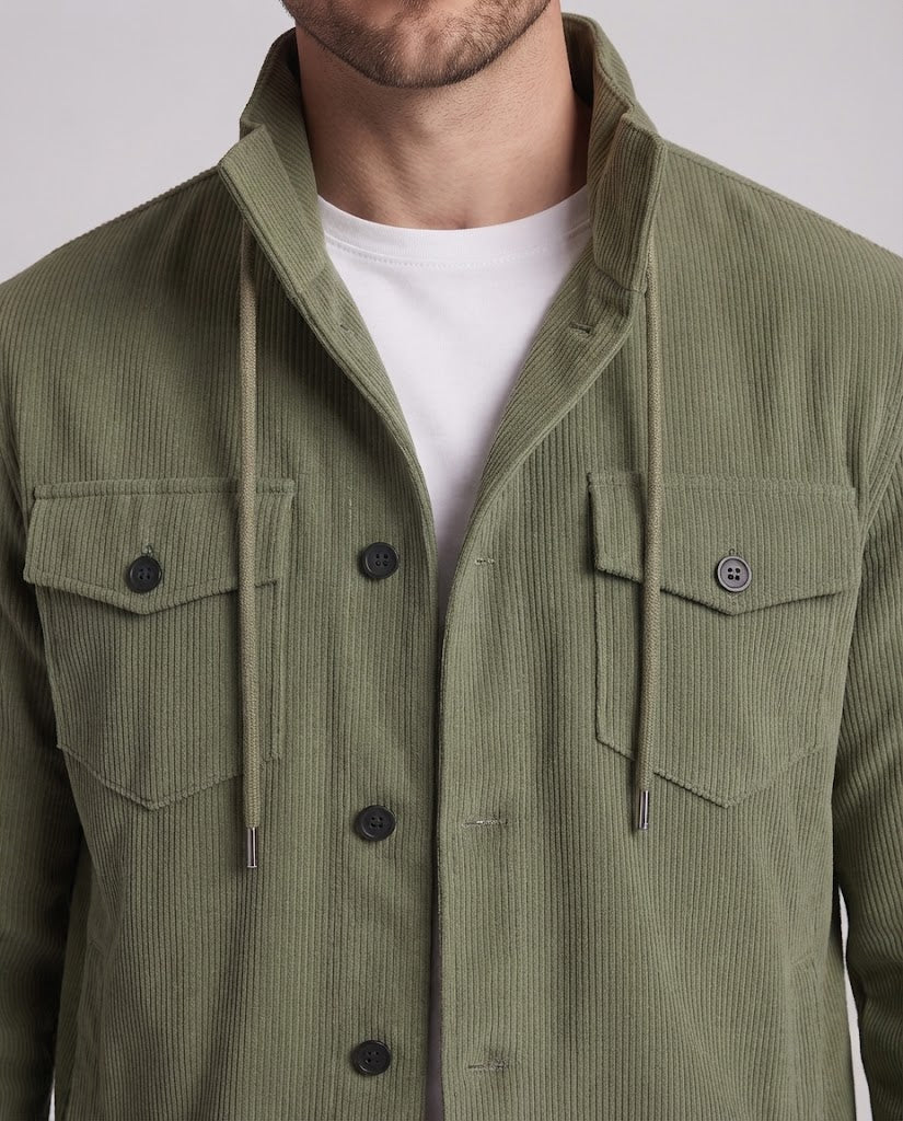 Men's Cord Shacket with Stand Collar and Button Placket Chichicherry