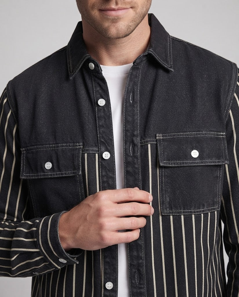 Men's overshirt in utility look with denim detailing and vertical stripes Chichicherry