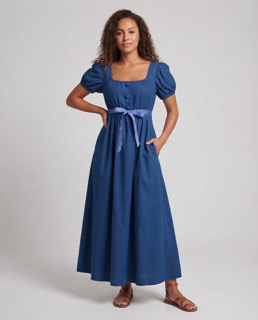 Women Elegant Maxi Dress with Puff Sleeves and Waistband Chichicherry