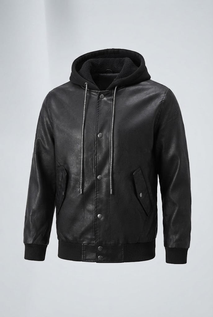 Men's Stylish Faux Leather Jacket with Hood Chichicherry