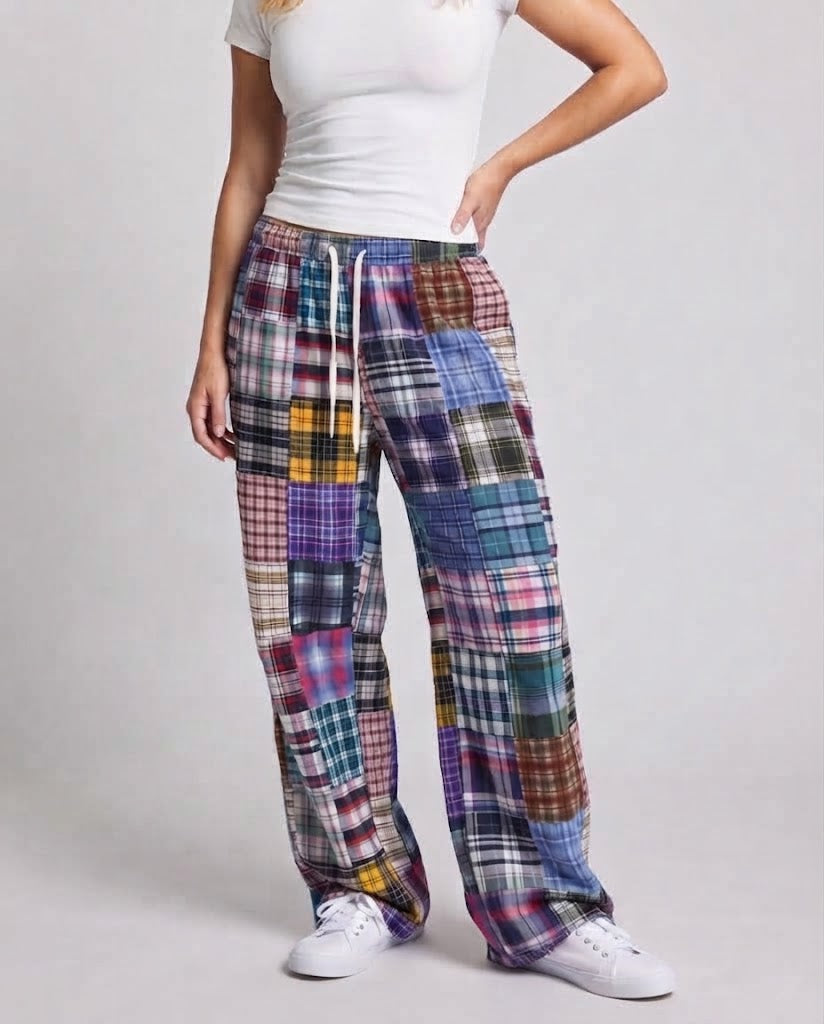 Women's Wide-Cut Carrot Pants with Artistic Check Pattern Chichicherry