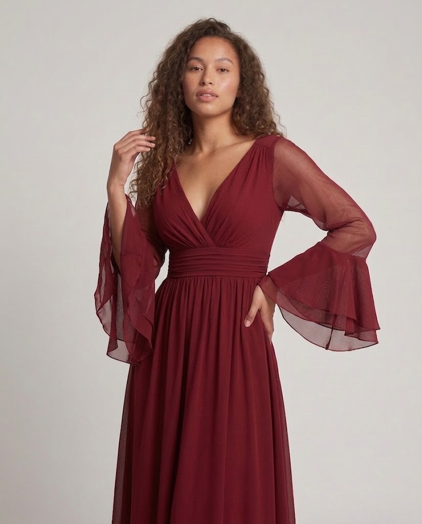 Women Elegant Maxi Dress with Transparent Sleeves and V-Neck Chichicherry