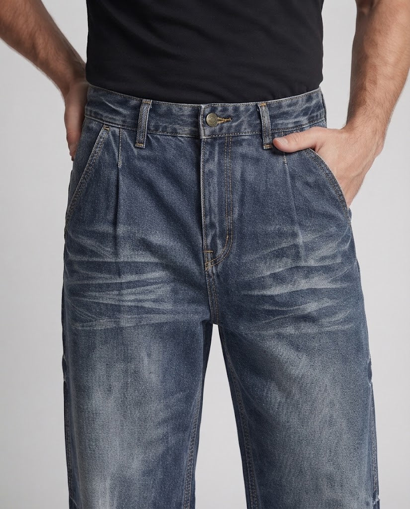 Men's baggy denim with balloon-shaped palazzo leg, visible wedge seams, and used finish Chichicherry