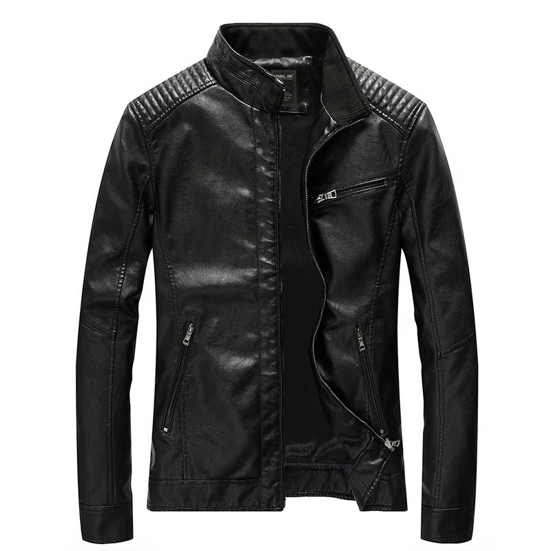 Men's Faux Leather Biker Jacket with Stand-up Collar and Shoulder Padding Chichicherry